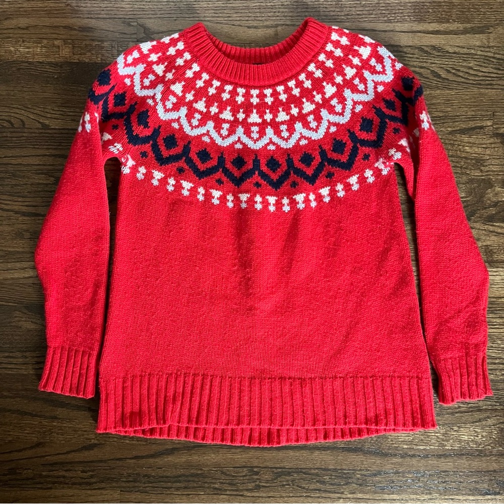 J. Crew Fair Isle Red White Black Sweater Crewneck Holiday Large Medium VGUC